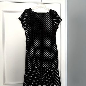 Ralph Lauren Black Dress with White Polka Dots, Size L With Flared Hemline
